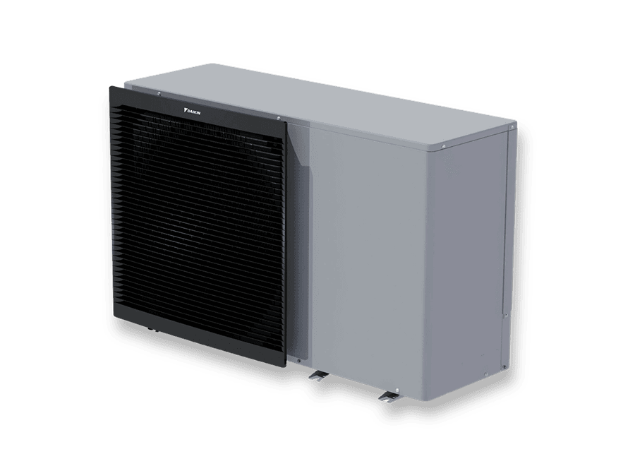 Die Daikin Altherma 3M zeigt ein graues Außengerät mit schwarzem Frontgitter und klarer, kompakter Gehäuseform.