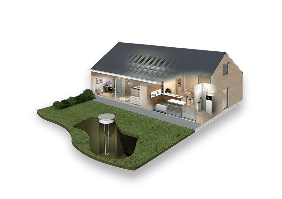 Ein modernes Einfamilienhaus mit sichtbarem Innenraum steht über einer tiefen Erdsonde im grünen Garten.