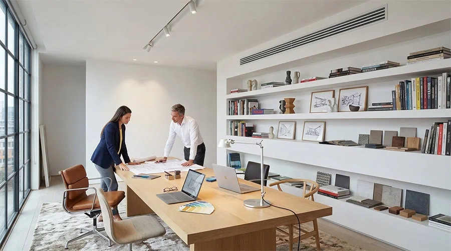 Zwei Kollegen beugen sich in einem hellen Büro über großformatige Pläne am Holztisch, während Regale, Bücher und Muster die Wand unter der hellen Decke füllen.