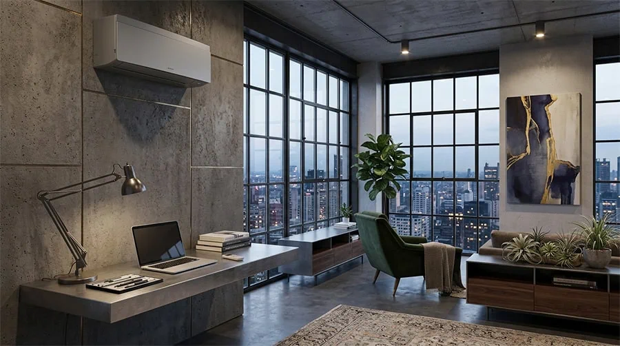 In einem modernen Büro hängt eine wandmontierte Klimaanlage über dem Schreibtisch, während große Fenster den Blick auf die Stadt freigeben.
