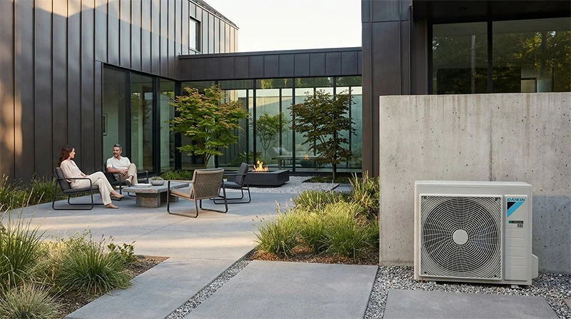 Vor einer modernen Glasfassade steht ein weißes Daikin Außengerät neben einer Betonwand, während zwei Personen im Innenhof auf der Terrasse sitzen.
