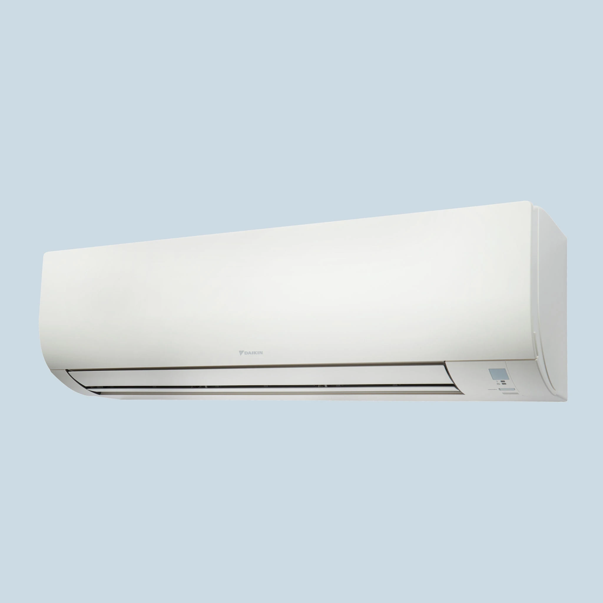 Ein weißes Daikin Comfora Wandklimagerät ist rechtsseitig dargestellt und zeigt unten die Luftauslässe sowie das Bedienfeld.